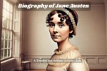 Biography of Jane Austen. A realistic wide-angle portrait of Jane Austen, the famous English novelist, with a minimal background, capturing her Regency-era attire and thoughtful expression.