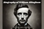 Biography of William Allingham. A realistic black and white wide-angle portrait of William Allingham, the Irish poet, with a neutral background.