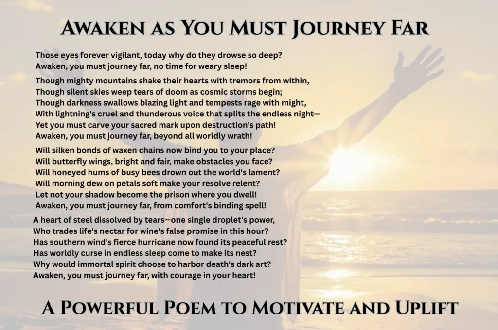 Awaken as You Must Journey Far - A Powerful Poem to Motivate and Uplift 1 Awaken as You Must Journey Far poem. A poem to uplift and motivate.