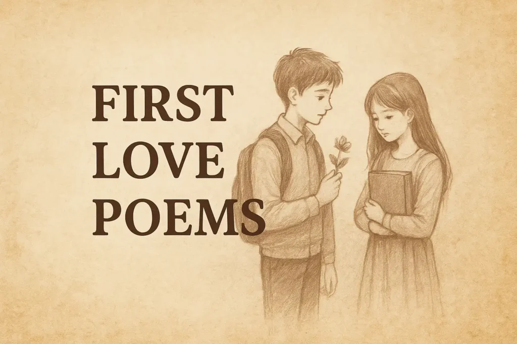 4 First Love Poems | A Heartfelt Journey of Innocence, Heartbreak & Memory 1 A dreamy artistic illustration for the blog "First Love Poems" by Nitesh Sinha, showcasing the innocence of school love, the bittersweet proposal and heartbreak, the joy of togetherness, and the nostalgia of separation and memory, evoking emotions of young romance and first love experiences.