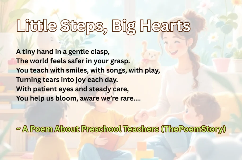 Preschool Teacher Poem: A Heartfelt Tribute to Preschool Teachers 1 Preschool teacher poem. This poem is a heartfelt tribute to preschool teachers — the first guiding lights in a child’s journey of learning. Preschool teachers play a vital role in early childhood education by shaping curiosity, building confidence, and nurturing values that last a lifetime. With patient love and creative methods — songs, play, storytelling, and gentle encouragement — they transform classrooms into safe, joyful spaces.