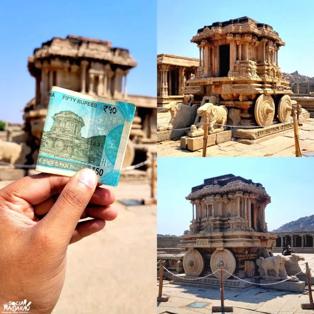 10 Architectural Marvels of Hindu India: A Historian's Journey Through Stone and Spirit 9 The iconic stone chariot at Hampi's Vittala Temple, a masterpiece of Vijayanagara architecture, shown alongside its depiction on India's 50 rupee note