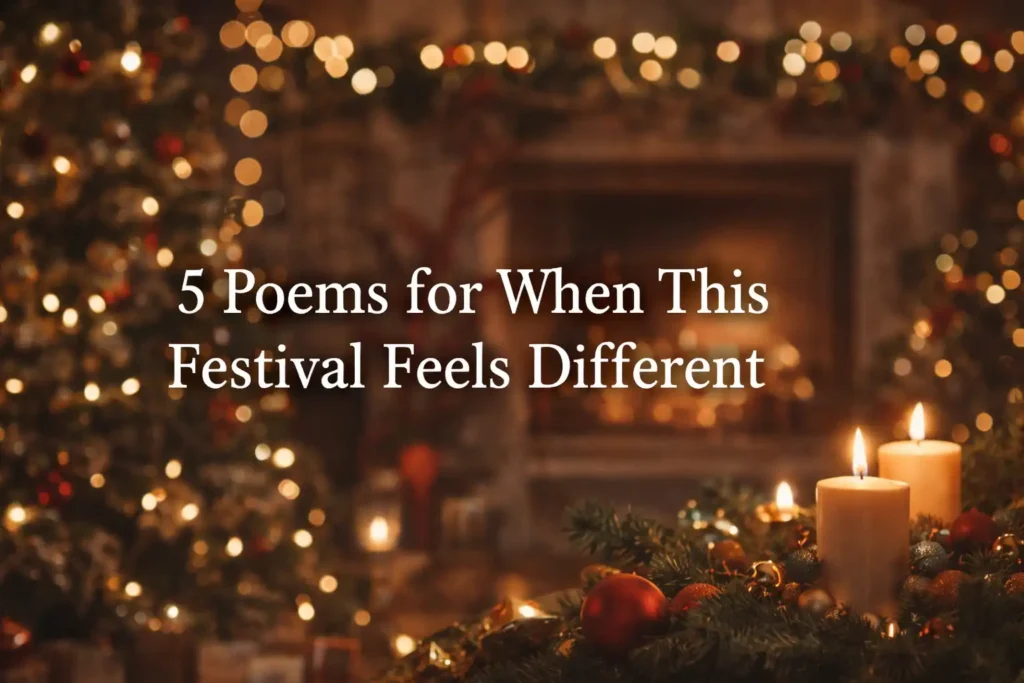 Christmas evening scene with soft lights and candles, featuring the text “5 Poems for When This Festival Feels Different”