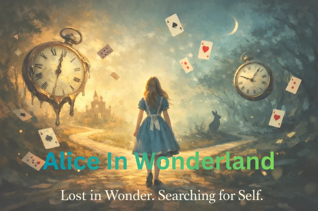Surreal cinematic illustration inspired by Alice's Adventures in Wonderland showing a girl at a crossroads, symbolizing curiosity, identity, and self-discovery