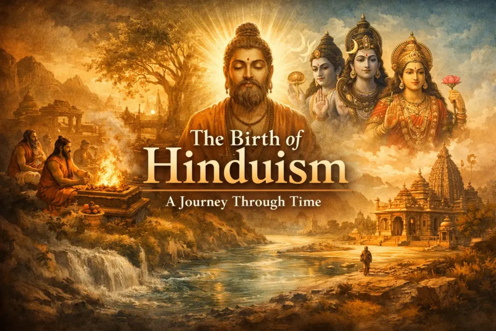 Birth of Hinduism illustrated through Vedic rituals, meditation, river symbolism, and early Hindu deities representing spiritual evolution in India