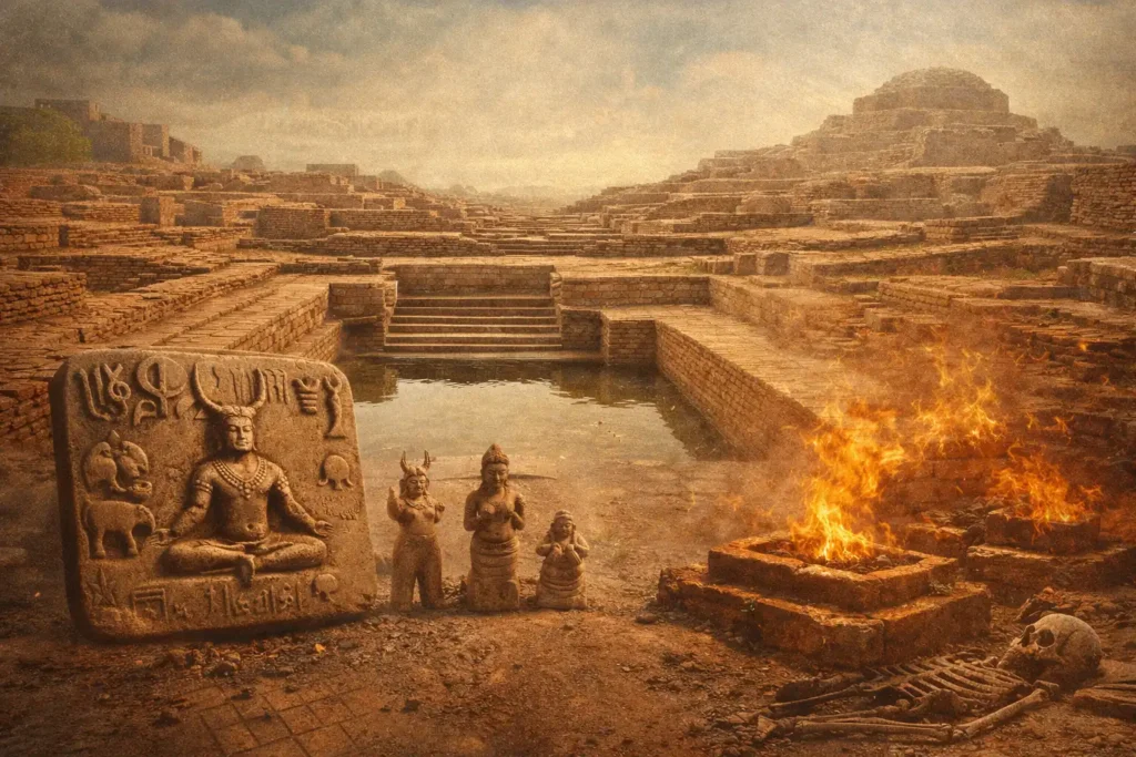 ndus Valley Civilization showing the Great Bath of Mohenjo-daro and urban planning without temples