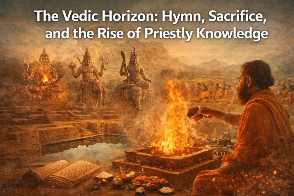 Vedic priests performing fire sacrifice with hymns and ritual offerings in ancient India