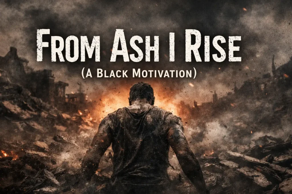 A lone figure rising from ashes and ruins, symbolizing resilience and inner strength, with the text “From Ash I Rise (A Black Motivation)”.