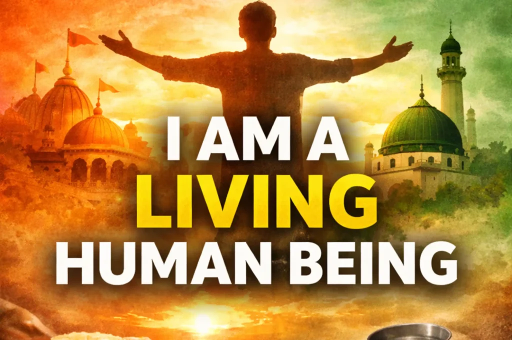 Featured image showing a silhouetted human figure with open arms against a sunset, flanked by a temple and a mosque, with bread and water in the foreground and the text “I Am a Living Human Being,” symbolizing humanity above religion.