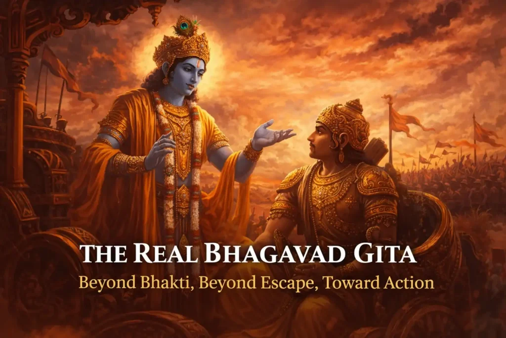 Krishna guiding Arjuna on the battlefield of Kurukshetra, symbolizing action, duty, and the real message of the real Bhagavad Gita