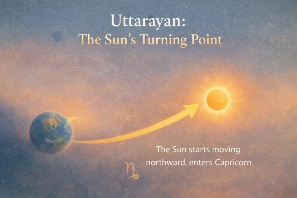 Uttarayan illustration showing the Sun’s northward journey and seasonal transition during Makar Sankranti