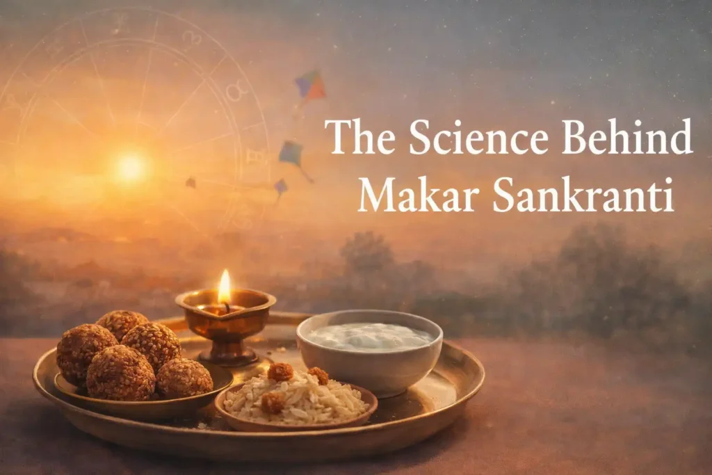 The Science Behind Makar Sankranti featured image with sunrise, zodiac wheel, til-gud, poha and curd