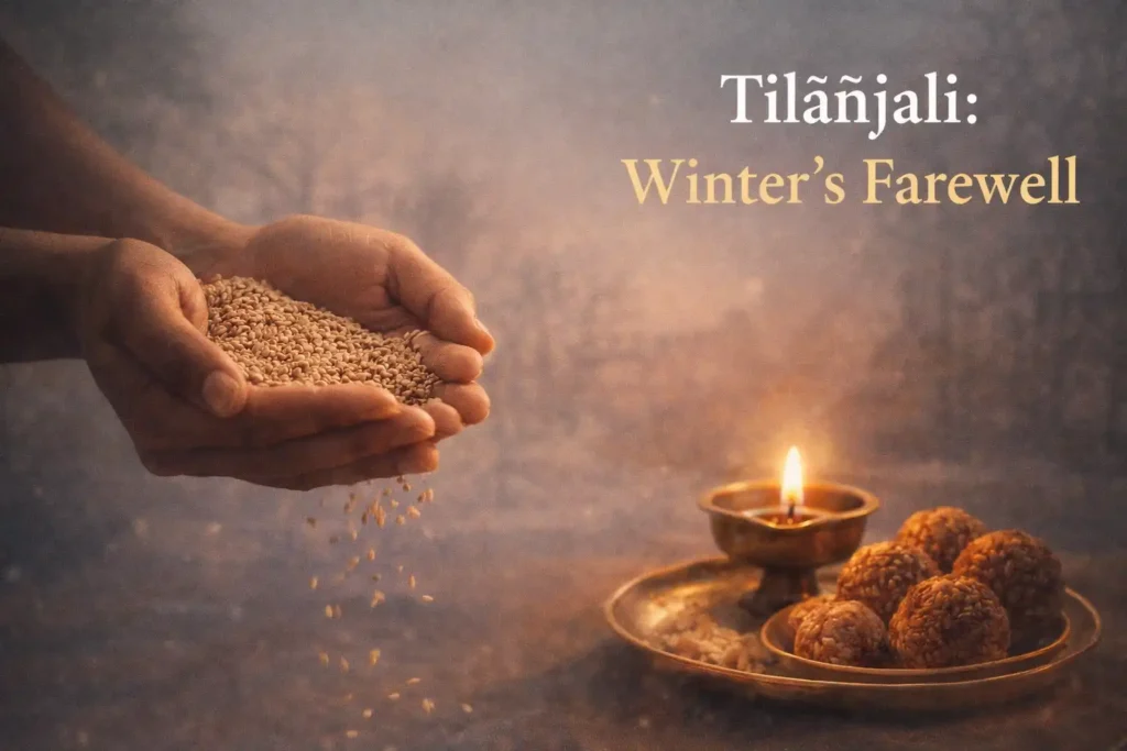 Tilāñjali winter farewell image with hands offering sesame seeds and til-gud ladoos