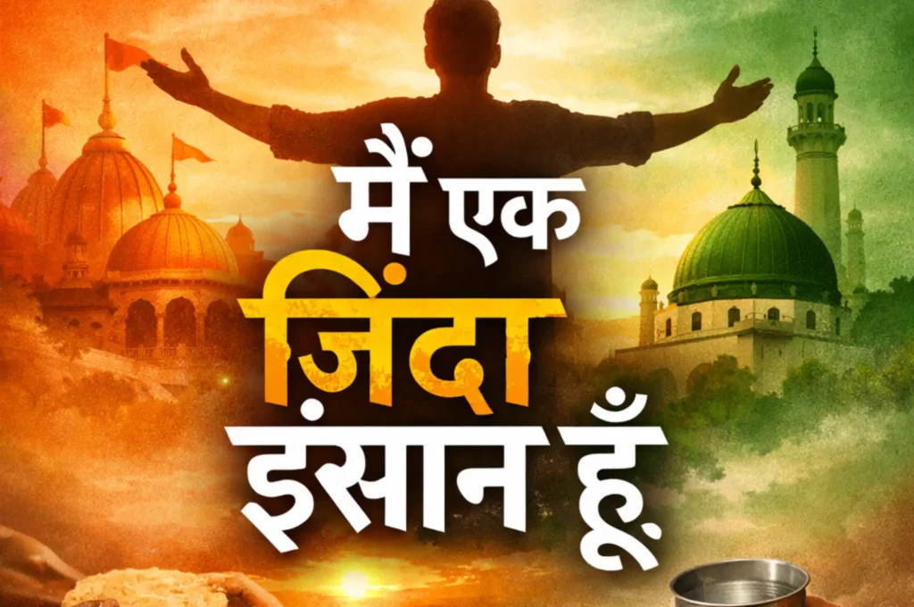 एक भावनात्मक फ़ीचर्ड इमेज जिसमें खुले हाथों के साथ खड़ा एक इंसान दिखाई देता है, पृष्ठभूमि में मंदिर और मस्जिद, नीचे रोटी और पानी के प्रतीक, और बीच में लिखा है — “मैं एक ज़िंदा इंसान हूँ”, जो धर्म से ऊपर इंसानियत का संदेश देता है।