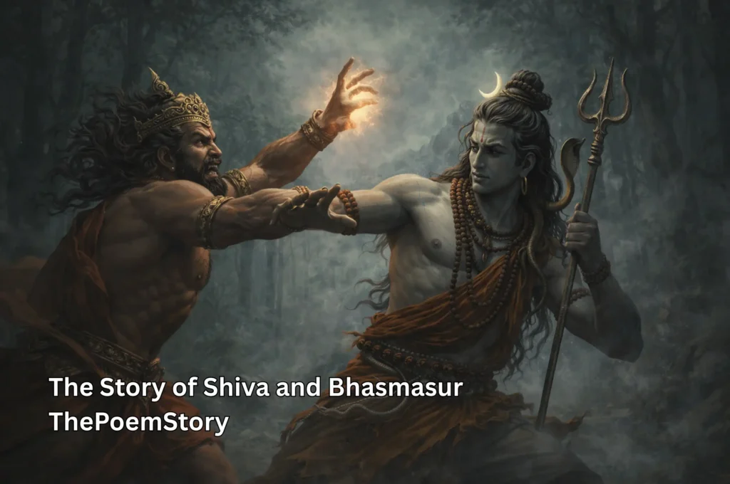 Shiva evading Bhasmasur as the asura reaches out to touch his head in the story of Shiva and Bhasmasur