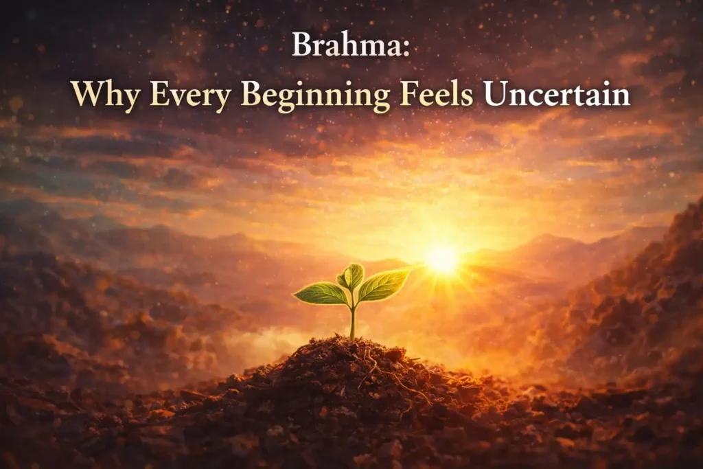 A small green sprout emerging from dark soil under a golden sunrise, symbolizing uncertain beginnings and creation in life.