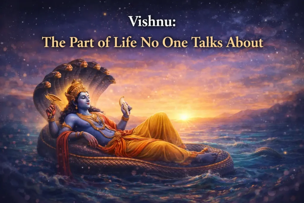 Lord Vishnu resting on the cosmic serpent in a calm ocean, symbolizing balance, preservation, and stability in life.