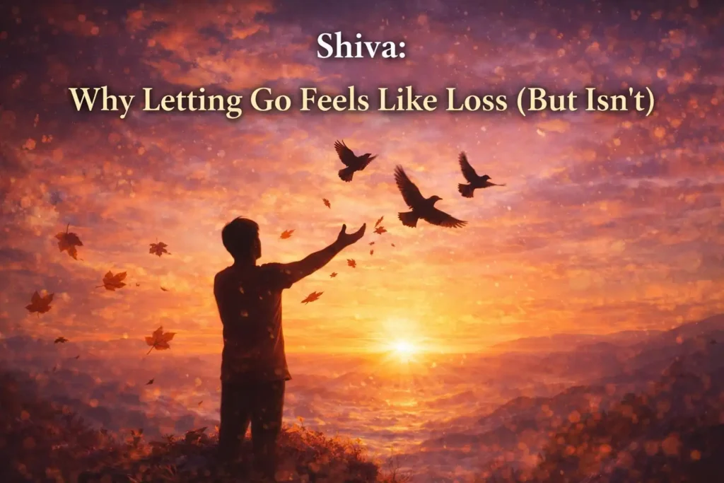 A person releasing birds into the sky at sunset, symbolizing letting go, transformation, and acceptance of change.