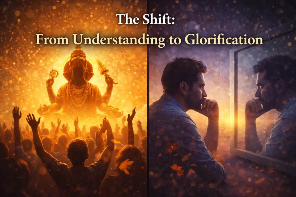 Split image showing people worshipping a glowing idol on one side and a man reflecting in a mirror on the other, symbolizing understanding versus glorification.