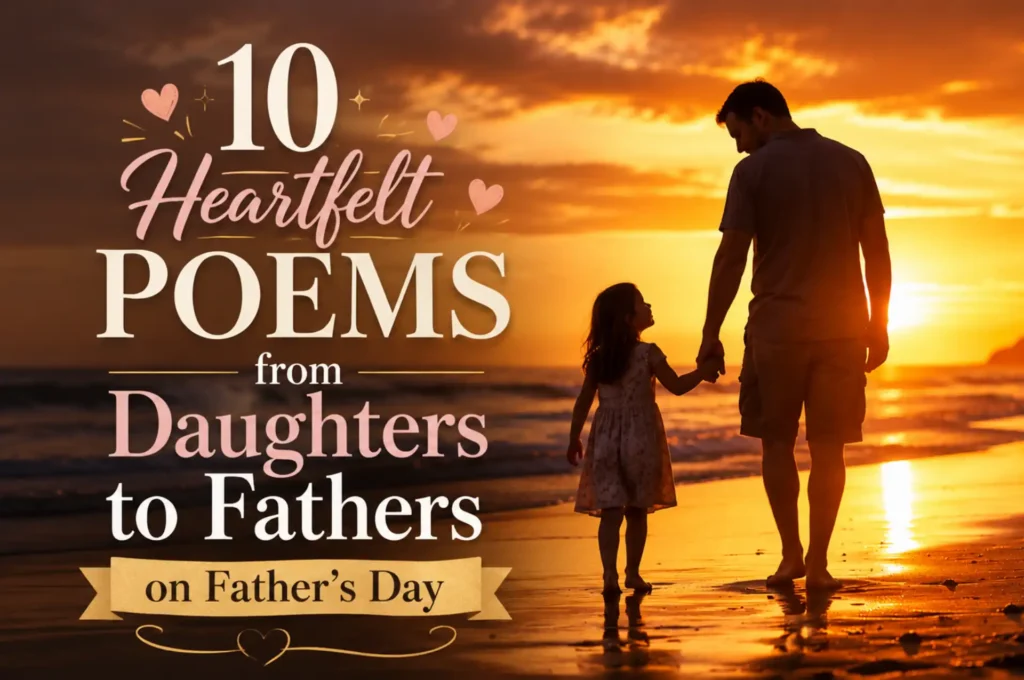 10 Heartfelt Poems from Daughters to Fathers on Father’s Day 8 The image features the title “10 Heartfelt Poems from Daughters to Fathers on Father’s Day” in elegant typography. A heartwarming Father’s Day themed image showing a father and daughter walking hand in hand along a beach at sunset. The golden-orange sky reflects on the wet sand as the father looks lovingly at his daughter.