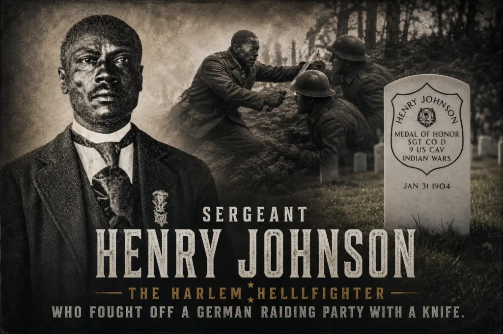 Wide vintage-style memorial poster honoring Sergeant Henry Johnson. A large portrait appears on the left, a dramatic World War I combat scene occupies the center, and a military gravestone stands on the right. Bold text reads: “Sergeant Henry Johnson – The Harlem Hellfighter Who Fought Off a German Raiding Party with a Knife.”