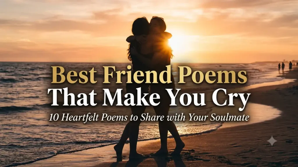 Best Friend Poems That Make You Cry featuring two silhouetted friends embracing at sunset, symbolizing deep emotional friendship, true friendship, and heartwarming bonds