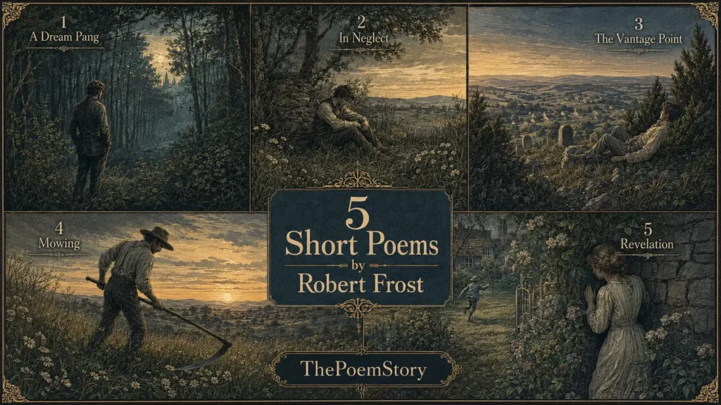 5 short poems by Robert Frost analysis – Collage-style illustration representing five poems: a forest edge with a figure at the treeline (A Dream Pang), a wayside nook with a solitary figure (In Neglect), a hillside overlooking distant homes and graves (The Vantage Point), a field with a scythe whispering to the ground (Mowing), and hide-and-seek figures in a garden (Revelation).