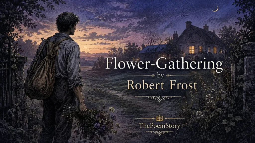 Flower-Gathering by Robert Frost Analysis and Summary 5 Flower-Gathering by Robert Frost analysis – Tender illustration of a weary, dusty traveler returning home at twilight carrying a bunch of faded wildflowers, standing at the edge of a garden looking toward a warm light in a house, evoking the poem's themes of love, absence, and the gifts that measure our time away.