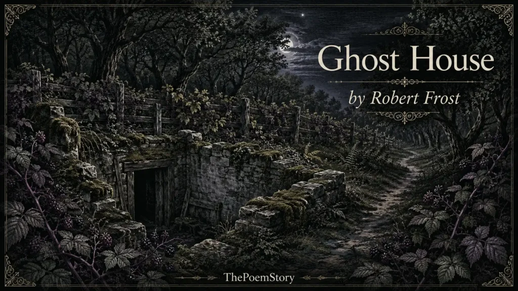 Ghost House by Robert Frost Analysis and Summary 10 Ghost House by Robert Frost Analysis – Haunting illustration of an abandoned overgrown cellar in a moonlit New England forest, featuring crumbling stone walls, purple-stemmed wild raspberries, and a tangled orchard, evoking the poem's themes of memory and nature's reclamation.