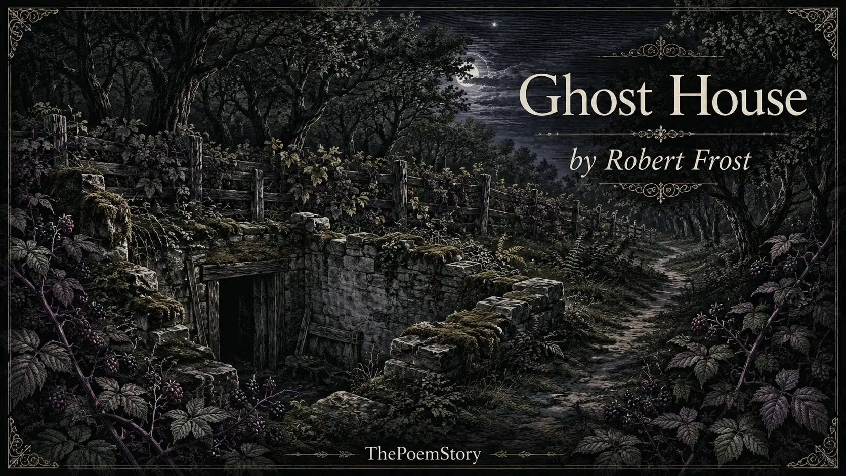 Ghost House by Robert Frost Analysis – Haunting illustration of an abandoned overgrown cellar in a moonlit New England forest, featuring crumbling stone walls, purple-stemmed wild raspberries, and a tangled orchard, evoking the poem's themes of memory and nature's reclamation.