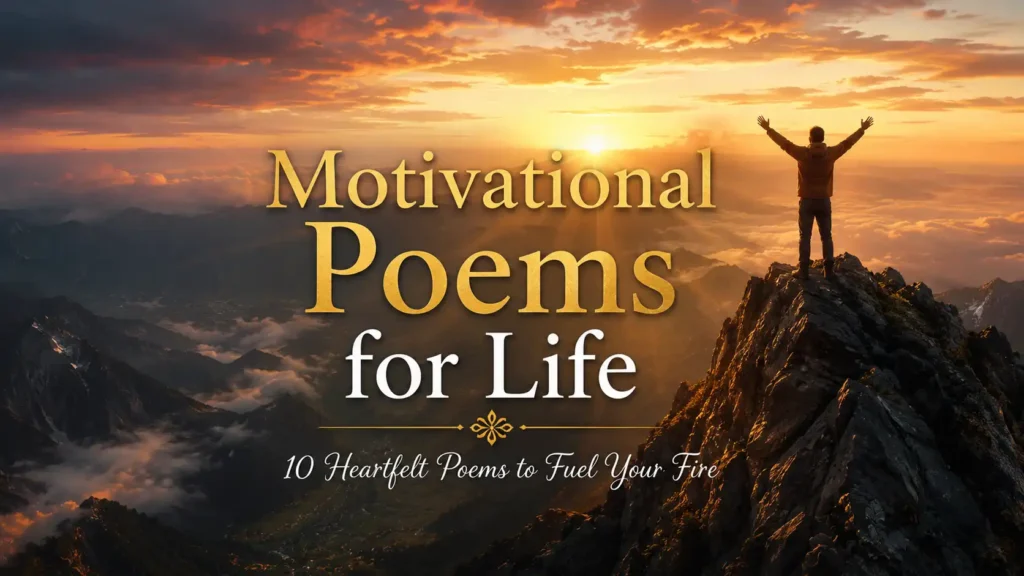 10 Powerful Motivational Poems for Life to Fuel Your Fire 1 Motivational Poems for Life featuring a person standing on a mountain peak at sunrise, arms raised in triumph, symbolizing success, dreams, and inspiration