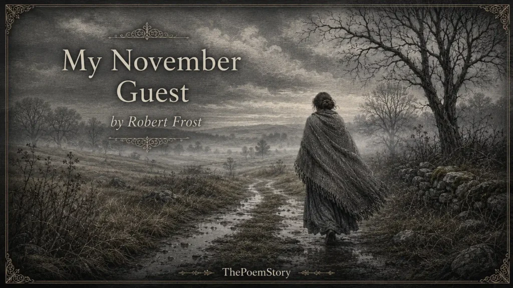 My November Guest by Robert Frost Analysis – Haunting illustration of a woman in a grey woolen cloak walking alone through a misty November pasture with bare, withered trees, a muddy path, and a heavy grey sky, evoking the poem's themes of melancholy and finding beauty in decay.