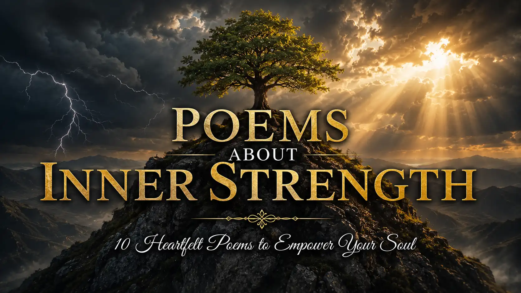 10 Heartfelt Poems About Inner Strength to Empower Your Soul 1 Poems About Inner Strength featuring a majestic tree standing tall on a mountain peak during a storm, symbolizing unshakable confidence, self-discovery, and inner power