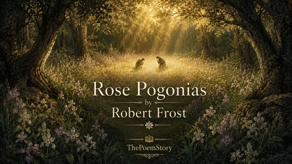 Rose Pogonias by Robert Frost analysis 4 Rose Pogonias by Robert Frost analysis – Luminous illustration of a hidden circular meadow surrounded by tall trees, bathed in golden sunlight, with countless small wild orchises (orchids) blooming in the grass and every blade tipped with color, two small figures bowing in the meadow as if in prayer, evoking the poem's themes of sacred nature, preservation, and the prayer for grace.