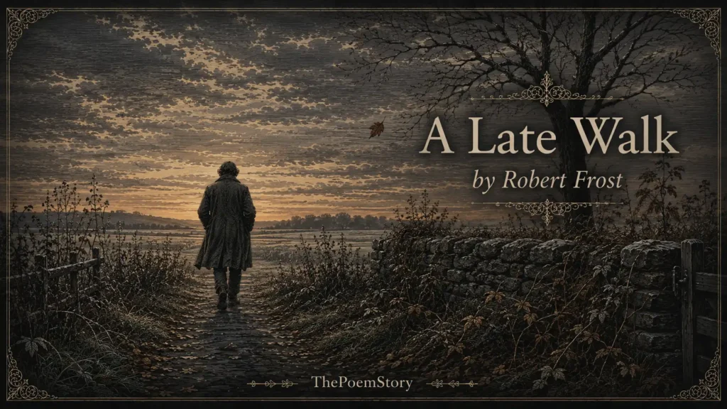 A Late Walk by Robert Frost analysis 23 A Late Walk by Robert Frost analysis – Haunting illustration of a solitary figure walking through an autumn mowing field at twilight, with a bare tree beside a stone wall, a single brown leaf falling softly, and withered weeds, evoking the poem's themes of endings, loss, and small gestures of love.