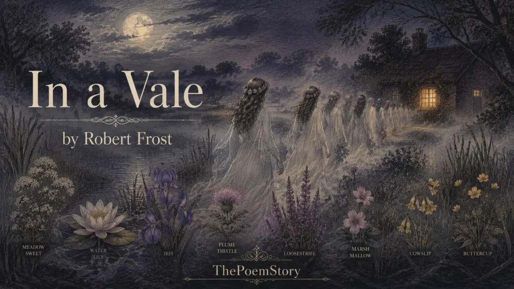In a Vale by Robert Frost analysis – Mystical illustration of a misty fen at night with pale, ghostly maidens in flowing garments walking through reeds toward a warm window light in a small cottage, with blooming flowers in the fen and swirling mist, evoking the poem's themes of memory, imagination, and the mystical origins of beauty.