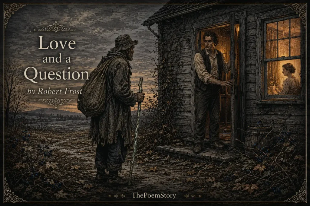 Love and a Question by Robert Frost analysis 24 Love and a Question by Robert Frost – Haunting illustration of a weary stranger at the door of a farmhouse at twilight, holding a green-white walking stick, with the bridegroom standing in the doorway torn between compassion and duty, evoking the poem's themes of moral choice, love, and the intrusion of suffering into private happiness.
