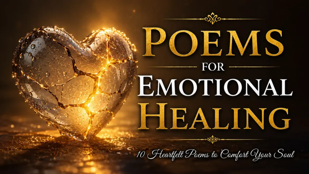 10 Heartfelt Poems for Emotional Healing to Comfort Your Soul 5 Poems for Emotional Healing featuring a cracked heart being mended with golden light, symbolizing grief, healing after loss, and the slow journey to wholeness