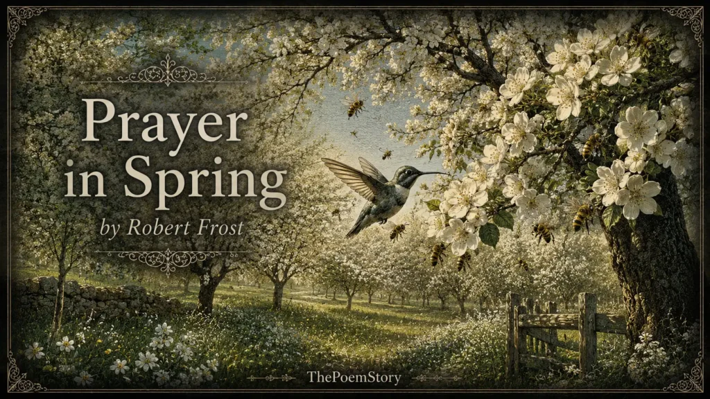 Prayer in Spring by Robert Frost analysis 4 Prayer in Spring by Robert Frost analysis – Serene illustration of a beautiful spring orchard in full bloom with white blossoms, sunlight filtering through branches, bees buzzing around the blossoms with their swarm dilating, and a small bird with a needle-like bill hovering in mid-air near a blossom, evoking the poem's themes of presence, gratitude, and the definition of love as the act of being fully alive.