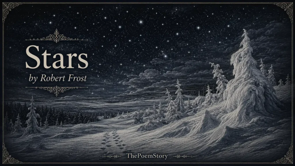 Stars by Robert Frost analysis 22 Stars by Robert Frost analysis – Haunting illustration of a vast winter night sky filled with countless stars over a snow-covered landscape with turbulent drifts shaped by wind, evoking the poem's themes of cosmic indifference, blind stars, and the limits of human perception.
