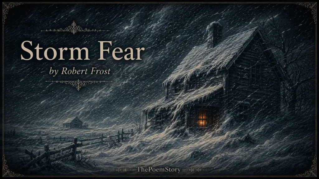 Storm Fear by Robert Frost Analysis and Summary 7 Storm Fear by Robert Frost analysis – Haunting illustration of a small farmhouse in a violent winter blizzard at night, with snow piled high against the walls and windows, a dim warm light glowing from a single window, and a barn barely visible in the distance through the swirling storm, evoking the poem's themes of primal fear, isolation, and human vulnerability.