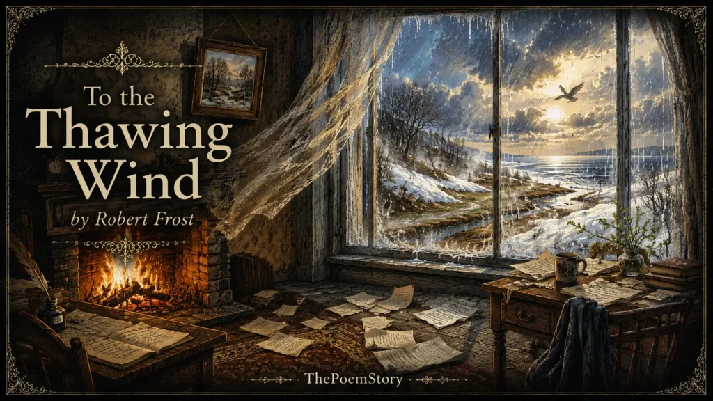 To the Thawing Wind by Robert Frost analysis 5 To the Thawing Wind by Robert Frost analysis – Vibrant illustration of a cozy room with a large frost-covered window, warm firelight glow, scattered poems on the floor and desk, a swinging picture on the wall, and a powerful spring wind visible through the window melting snow and ice with rain falling, evoking the poem's themes of renewal, transformation, and creative liberation.