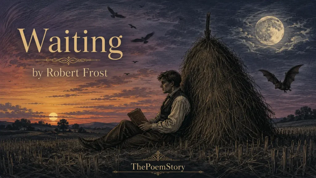 Waiting by Robert Frost analysis – Haunting illustration of a solitary figure sitting in a stubble field at dusk beside a tall haycock, with a sky divided between warm afterglow and rising full moon, night-hawks circling, and a bat flying near, evoking the poem's themes of solitude, waiting, and longing for the absent beloved.