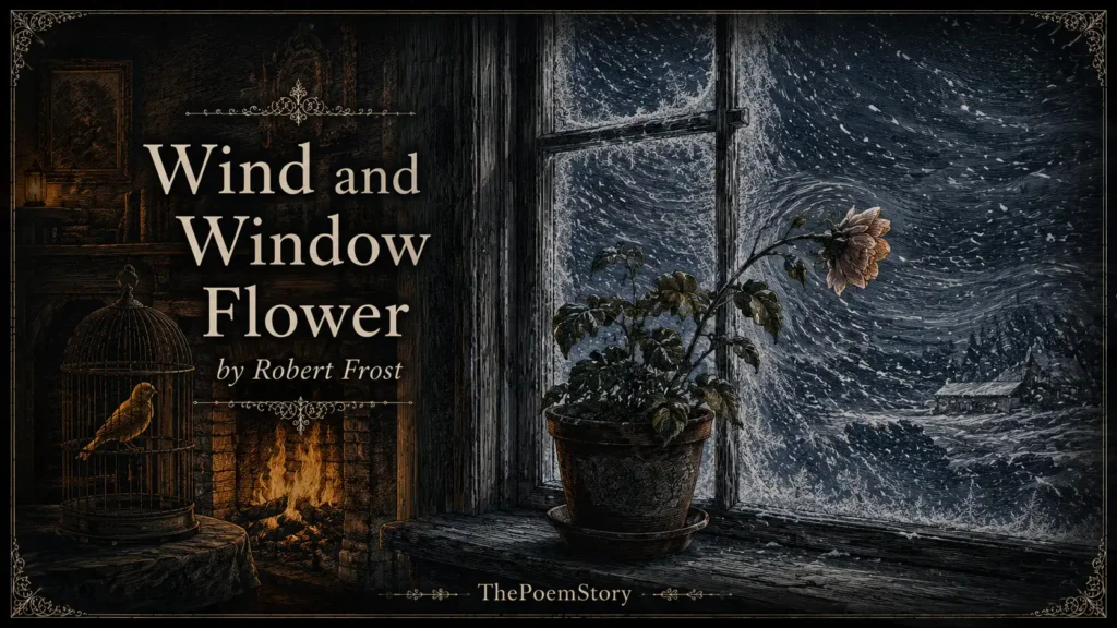 Wind and Window Flower by Robert Frost analysis 6 Wind and Window Flower by Robert Frost analysis – Haunting illustration of a frosty window at night with a beautiful flower in a pot on the windowsill inside a warm room, and a winter breeze visible as swirling wind and snow pressing against the glass, evoking the poem's themes of impossible love, longing, and the tension between safety and freedom.
