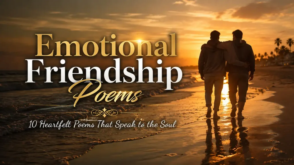 Emotional Friendship Poems That Speak to the Soul featuring two friends walking together on a beach at sunset, symbolizing deep emotional connection and true friendship