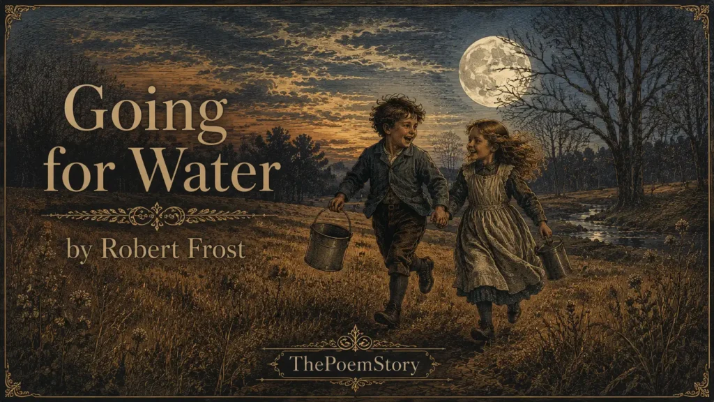 Going for Water by Robert Frost Analysis and Summary 9 Going for Water by Robert Frost analysis – Charming illustration of two children running across an autumn field at dusk carrying a pail and a can, with a rising full moon behind bare trees, evoking the poem's themes of childhood adventure, the joy of the journey, and the wonder of discovery.