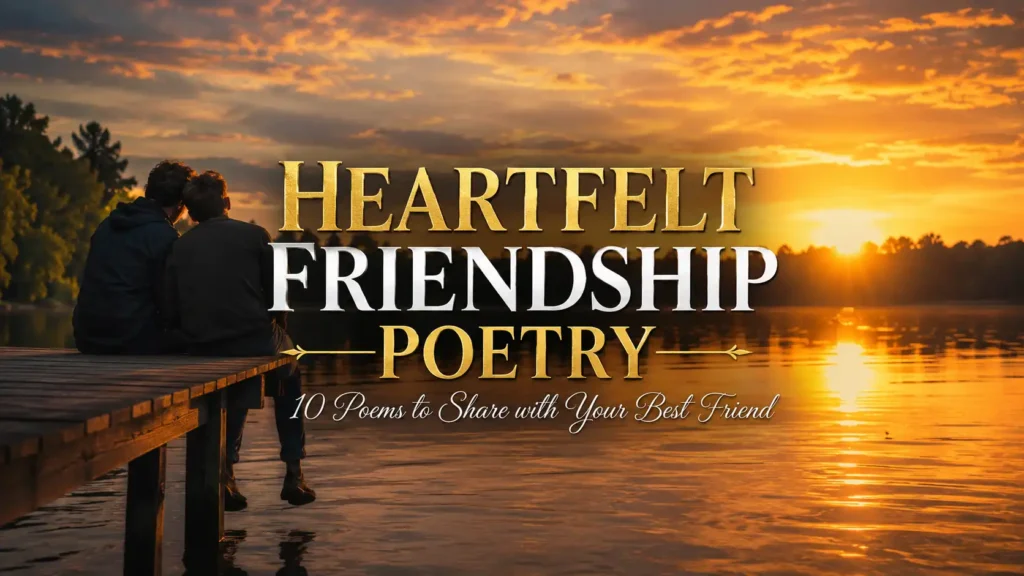 Heartfelt Friendship Poems to Share with Your Best Friend featuring two friends sitting together on a wooden dock at sunset, symbolizing deep emotional connection and true friendship