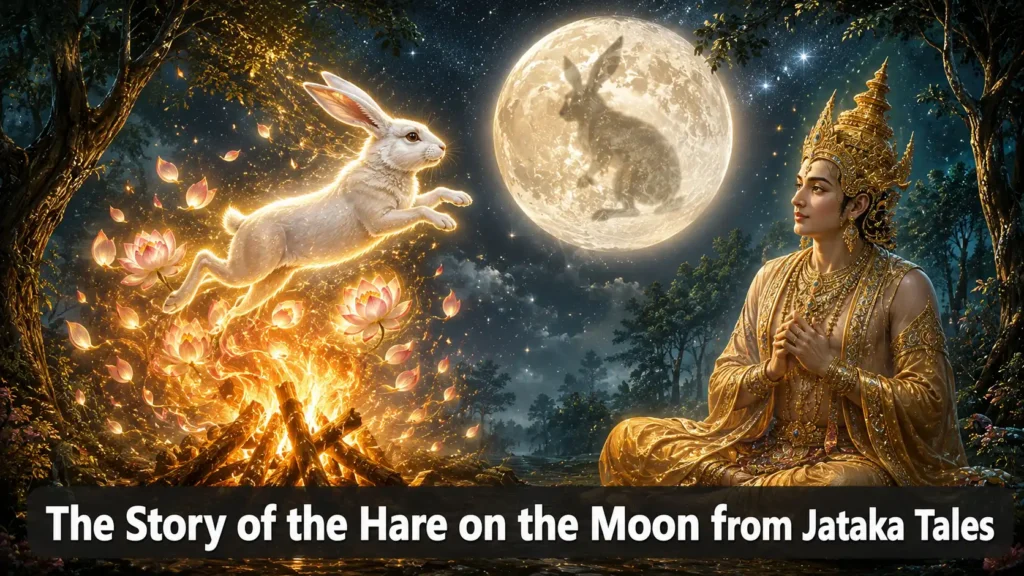 The Story of the Hare on the Moon from Jataka Tales: The Selfless Hare Who Offered His Body in Charity 49 The Story of the Hare on the Moon from Jataka Tales – A white hare leaping into a fire with Sakka watching and the moon with hare mark in the sky with text overlay