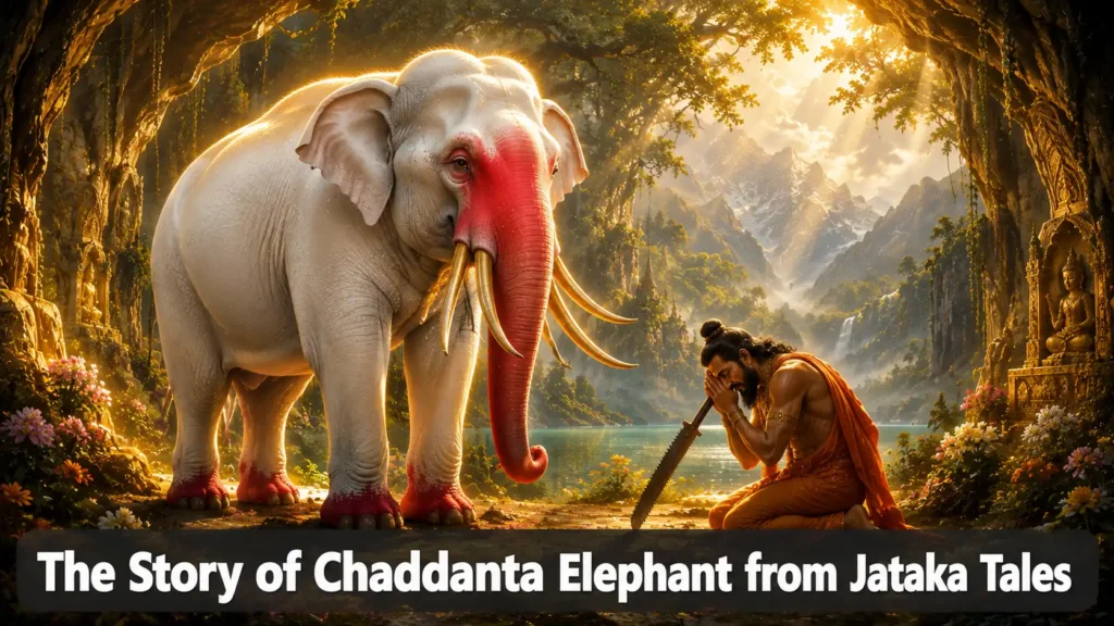 The Story of Chaddanta Elephant from Jataka Tales: The Six-Tusked King Who Forgave His Hunter 4 The Story of Chaddanta Elephant from Jataka Tales – A majestic white elephant with six golden tusks standing in a forest with a hunter in saffron robes with text overlay