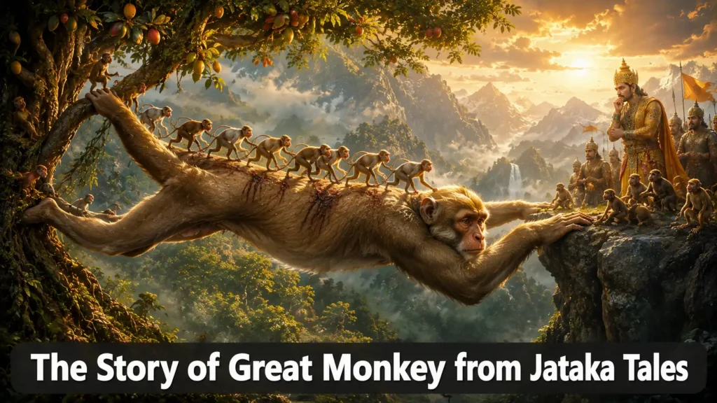 The Story of Great Monkey from Jataka Tales – A large monkey king stretching his body as a bridge for other monkeys to escape with a king watching in the background with text overlay